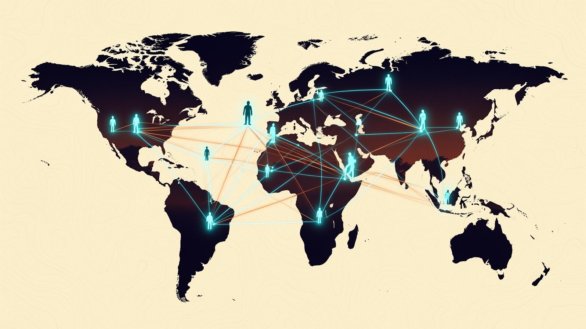 Stylized world map with glowing connections between people across regions and time zones.